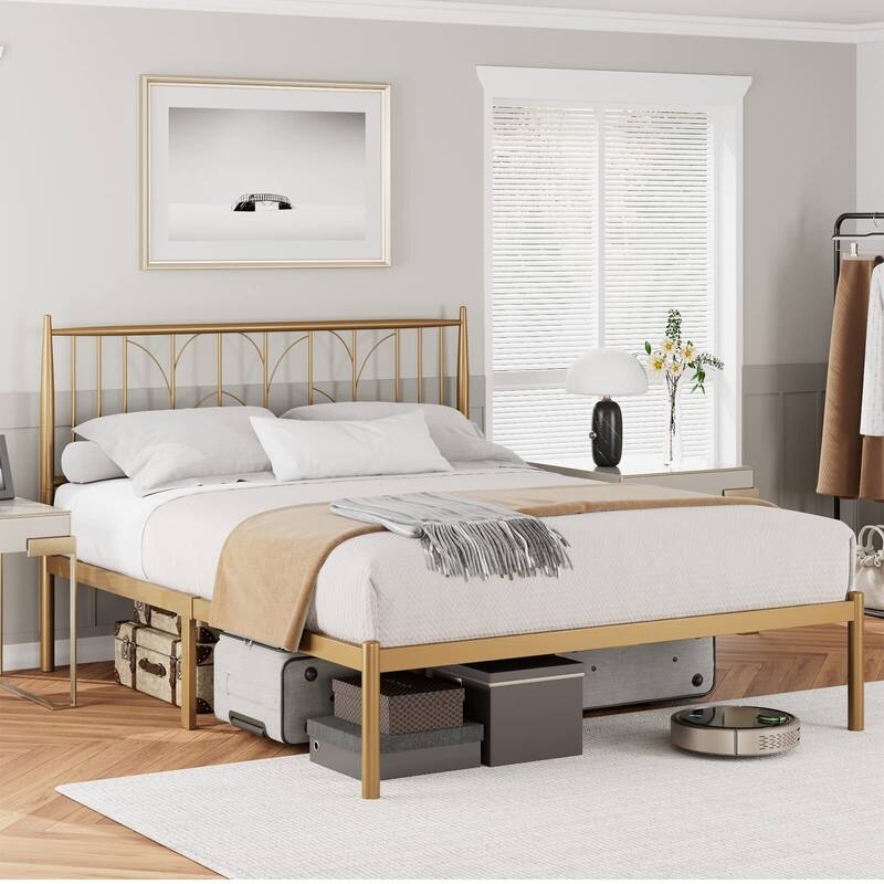 Platform Bed Frame with Wheat Head Headboard, Metal Mattress Foundation for Storage