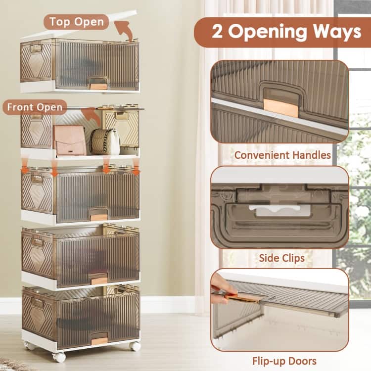White-Brown PP and ABS Stackable Storage Bin with Wheels, Foldable Cubes