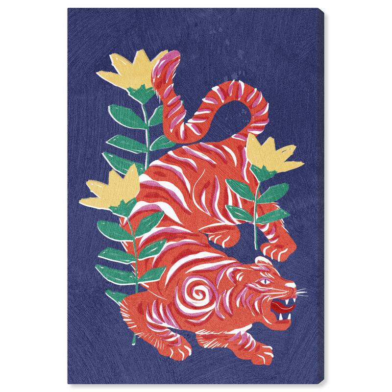 Wynwood Studio Canvas Animals Foral Crimson Tiger Red and Dark Blue Modern & Contemporary Wall Art Canvas Print