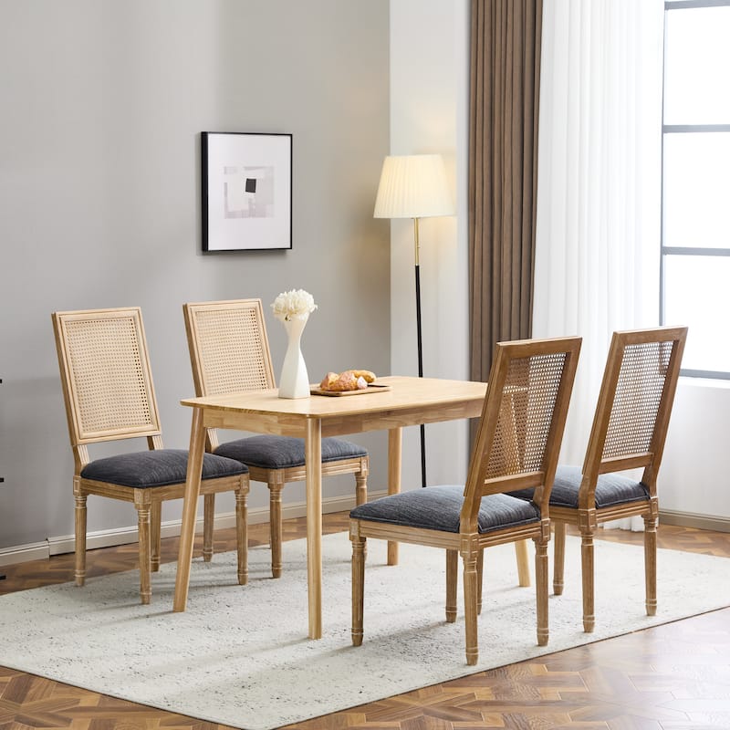 [Set of 4] French Country Dining Chairs - Elegant Cane Backrest & Upholstered Seats with Fluted Legs- Solid Rubberwood Frame
