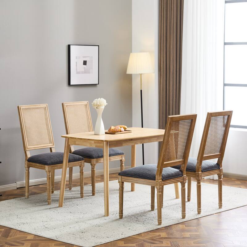 French Country Wood Dining Room Chairs Set of 4, Rattan Back Armless Side Chair, Kitchen Upholstered Dining Chair w/ Fluted Legs