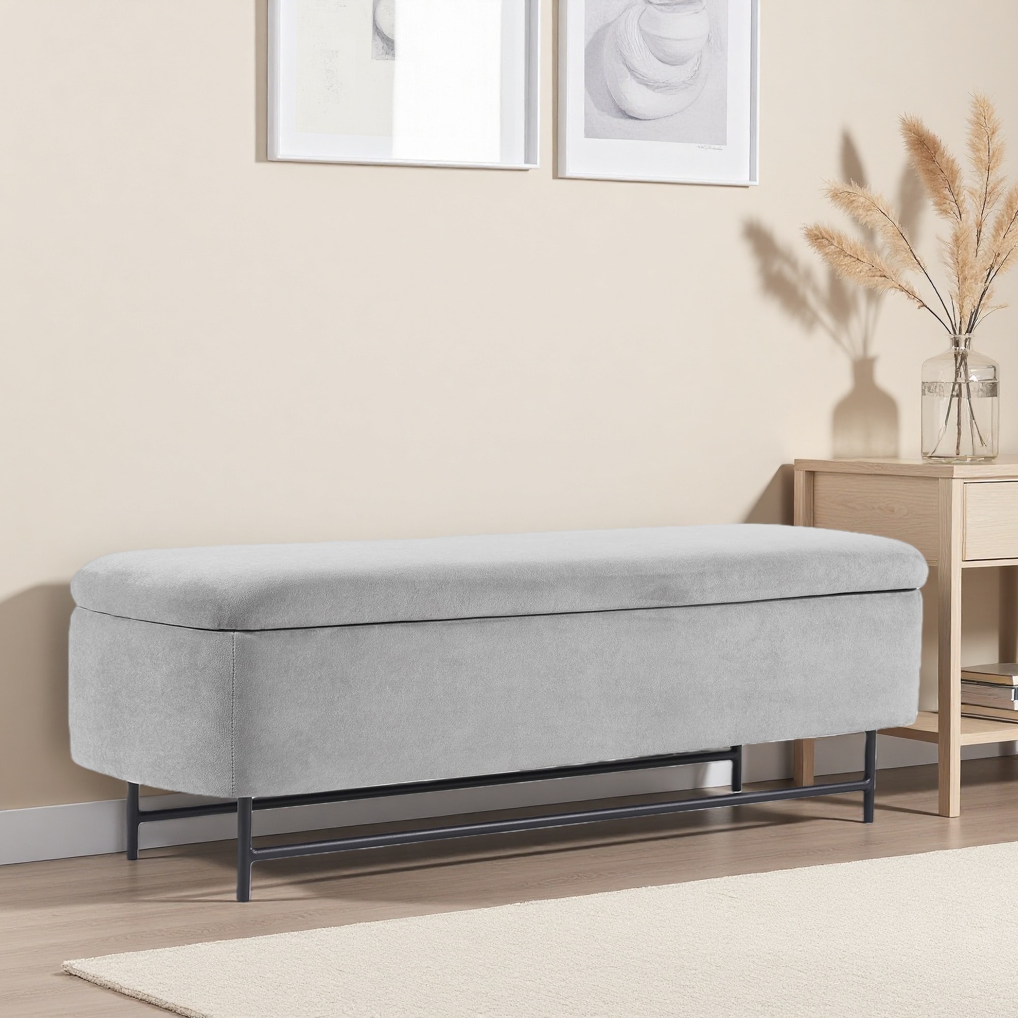 56"L Indoor Bench with Large Storage, Metal Legs, Soft Fabric Seat, Safety Lift-Top, for Living Room Bedroom Entryway End of Bed
