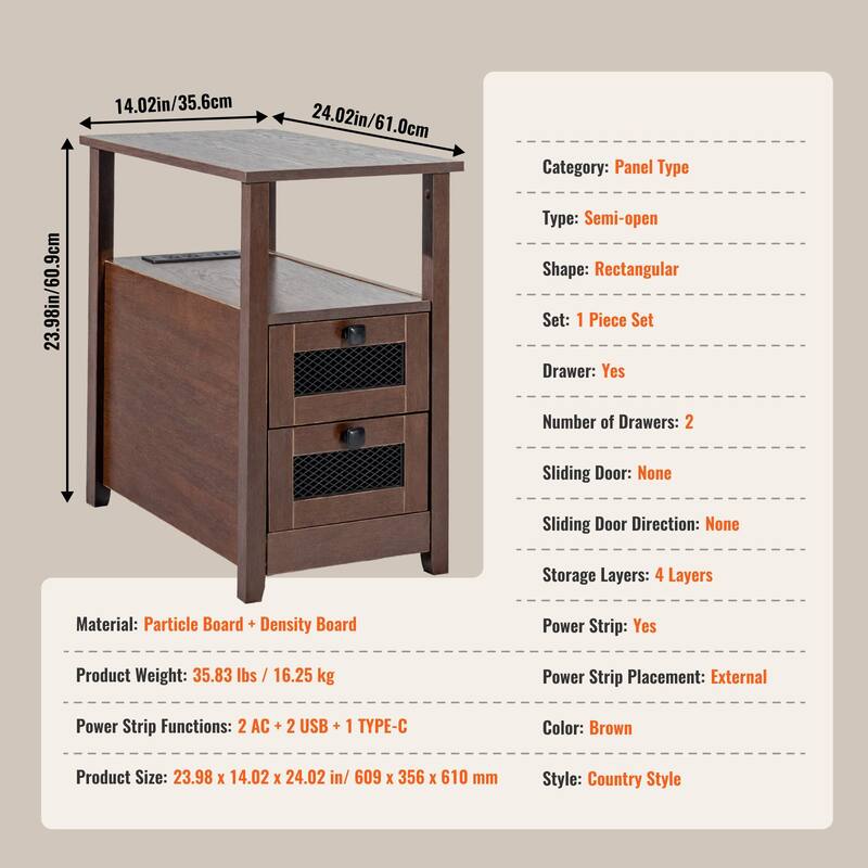 Brown Wood Farmhouse End Table with Drawers and Charging Station - 23.98” L x 14.02” W x 24.02” H