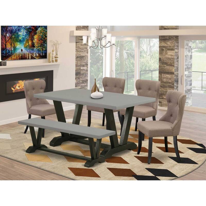 HomeStock 6-Piece Natural Oak Finish Solid Wood Top dining Table with 1-Bench and 4-Chairs
