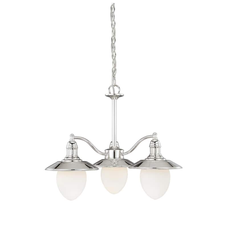 3 Light Nickel Coastal Chandelier with White Glass Shades for Dining Room, Kitchen, or Beach House Ceiling Lighting - 19.25