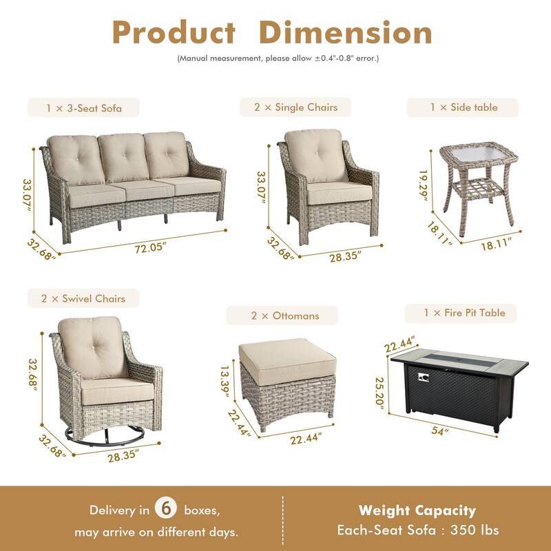 HOOOWOOO 9-piece Rattan Outdoor High Backrest Swivel Chair Set with 54"Fire Pit