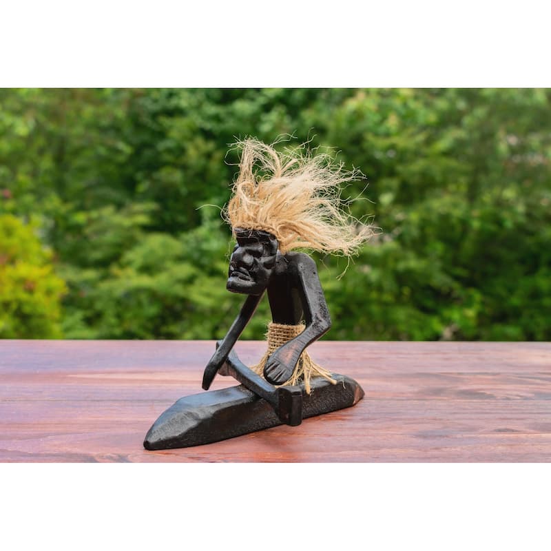Handmade Wooden Primitive Tribal Kayaking Statue Canoe Funny Sculpture Tiki Bar Handcrafted Unique Gift Decor Accent Figurine