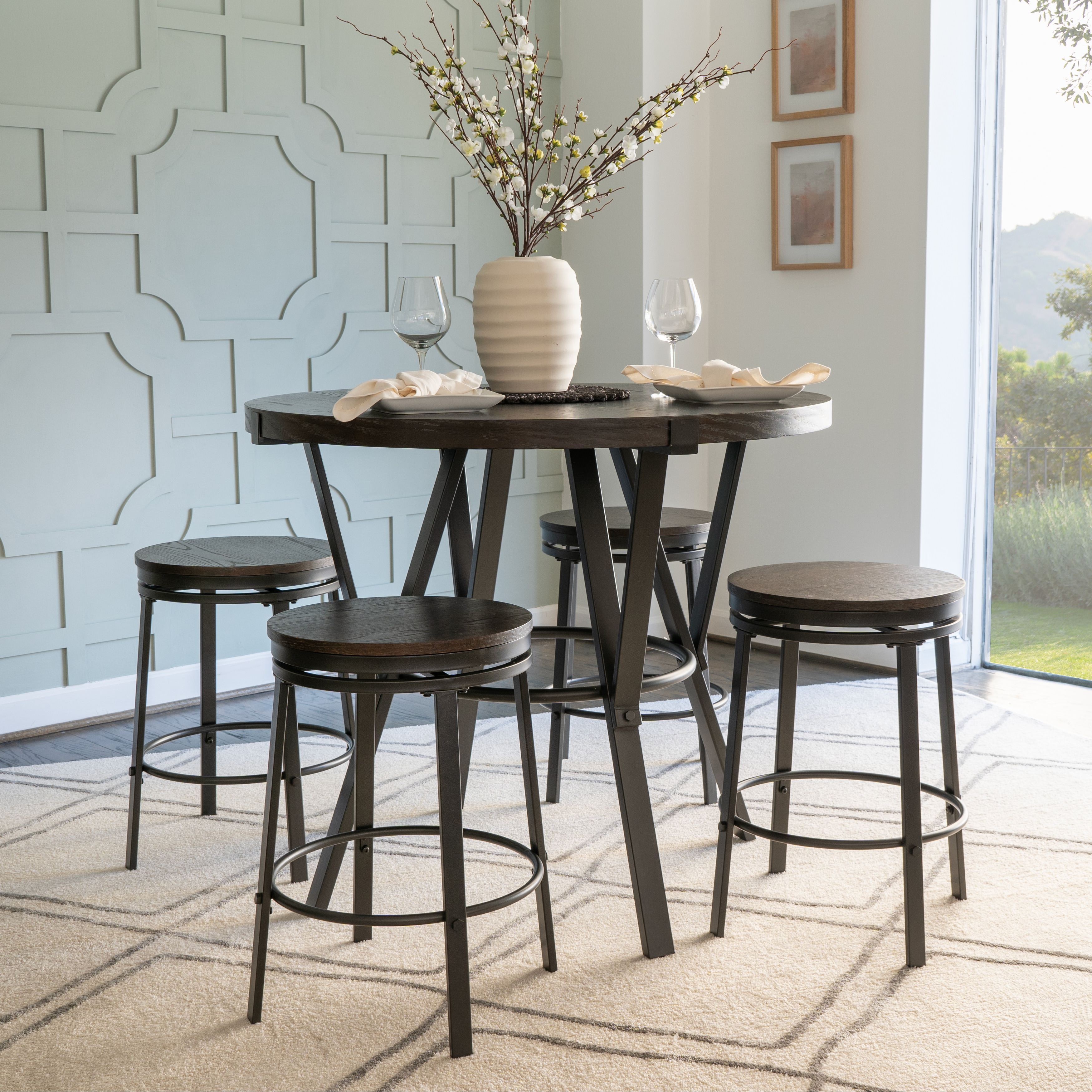 Linon Cassidy Charcoal Wooden 5-Piece Counter Height Dining Set with 4 Stools