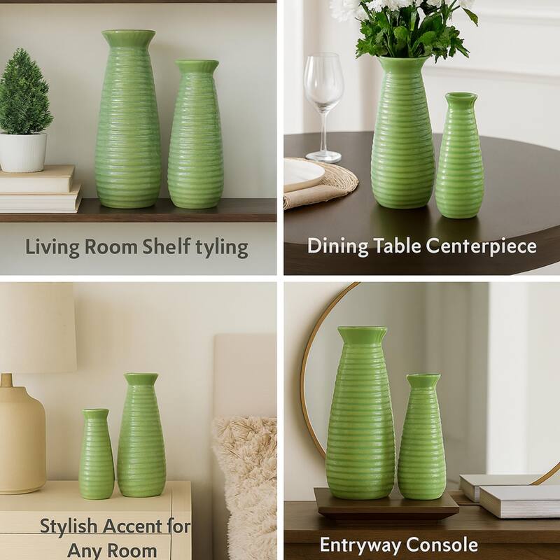 Set of 2 Avocado Green Ceramic Cylinder Vases with Matte Finish Decor