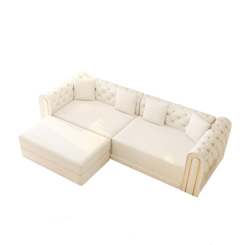 Homy Casa 90.6" 3-in-1 Convertible Sleeper Sofa with Button Tufted & Gold Trim, Movable Ottoman