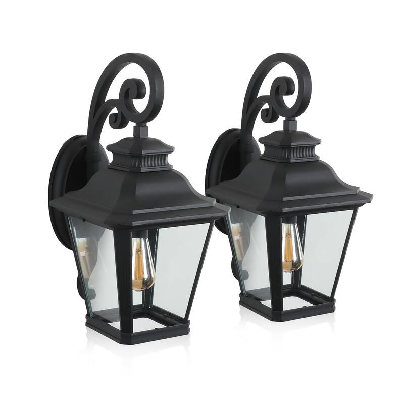 14" Outdoor Wall Lantern Set (2-Pack) – Black Waterproof Sconce with Clear Glass Panels,Exterior Lighting(Bulb Not Included)