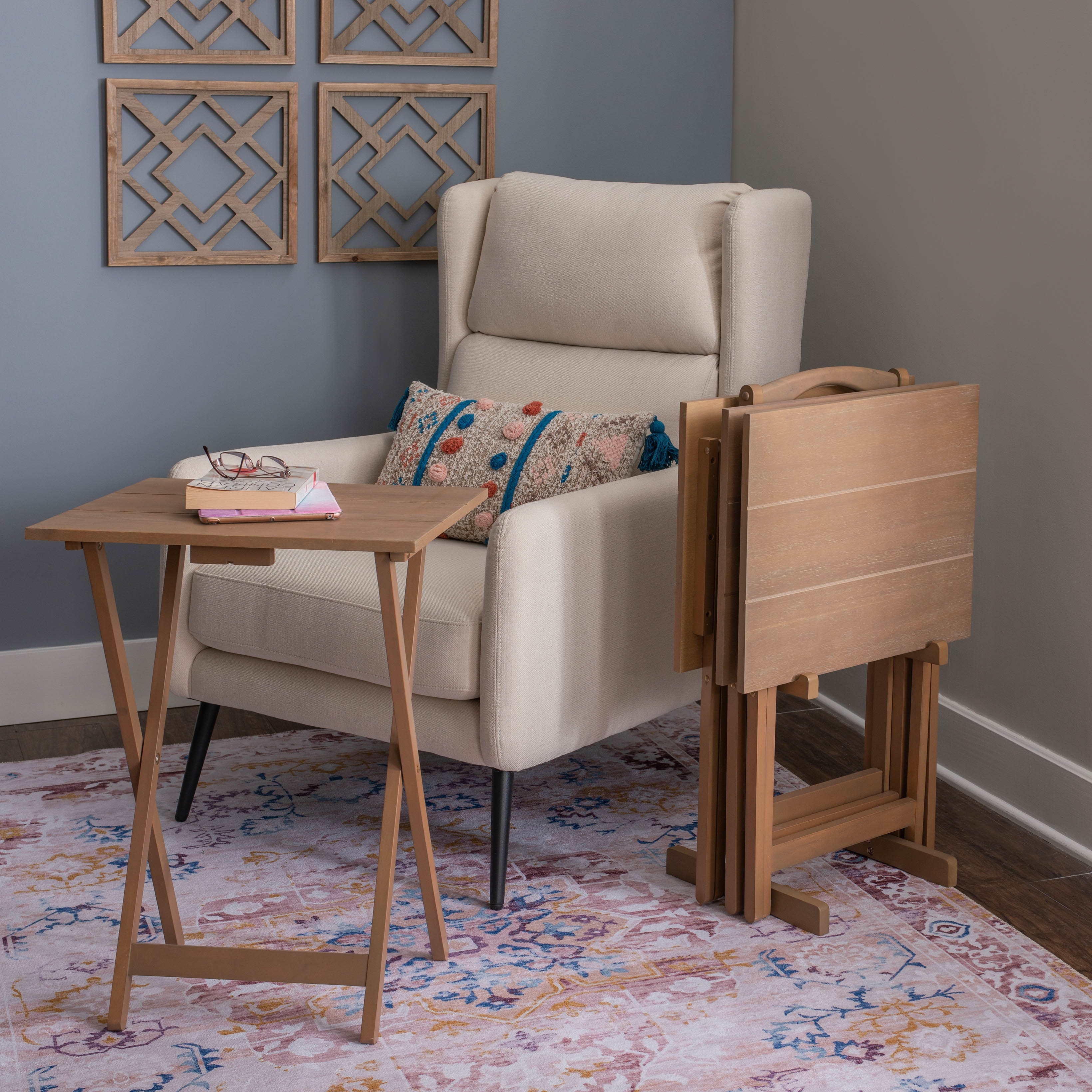 Linon Acacia Driftwood Tray Table Set