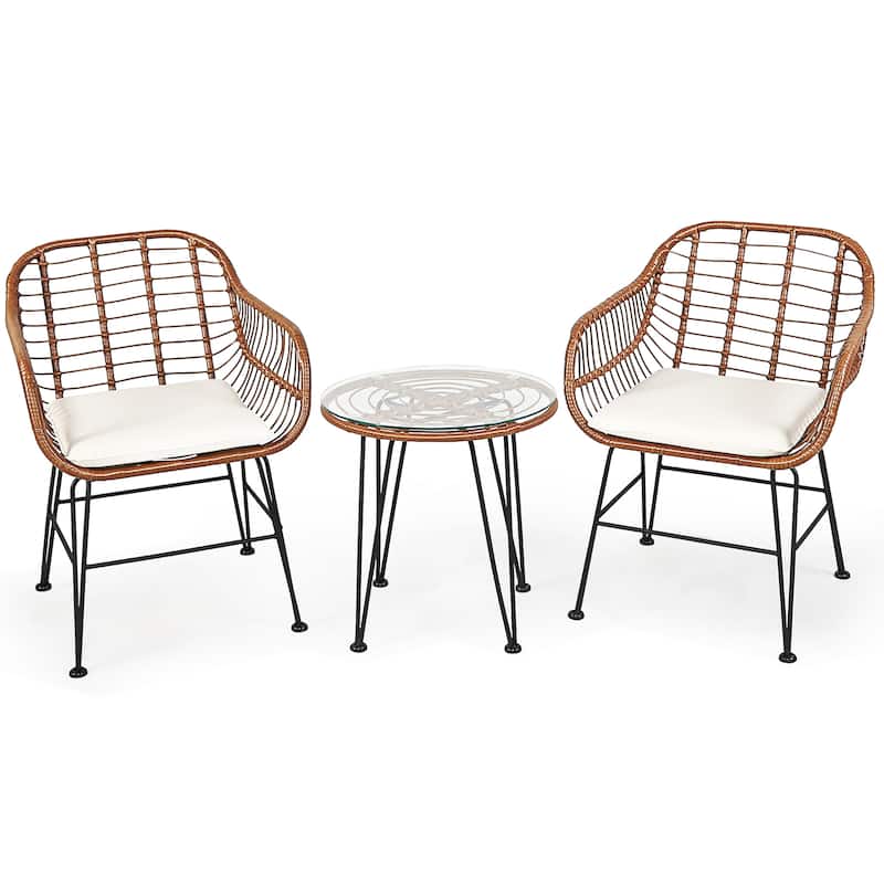 3 PCS Patio Bistro Set PE Rattan Armchairs and Coffee Table Set - Beige