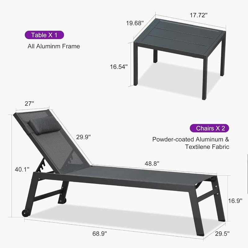 PURPLE LEAF Lounge Chair Set for Outside Aluminum Patio Recliner with Side Table and Pillow Beach Sunbathing Tanning Chairs