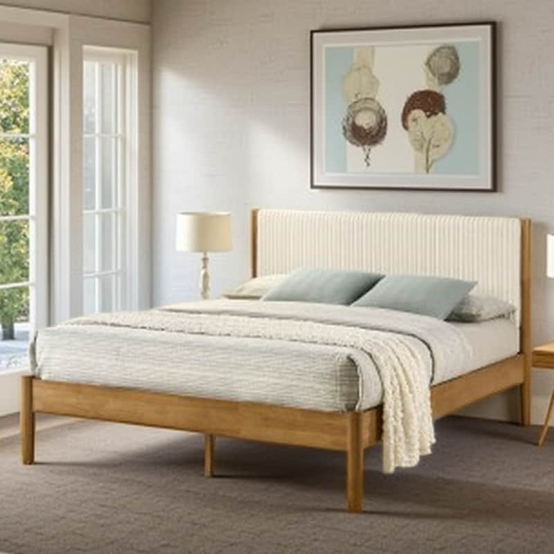 Queen Upholstered Platform Bed with Corduroy Headboard, Solid Rubberwood Frame, Light Walnut Finish