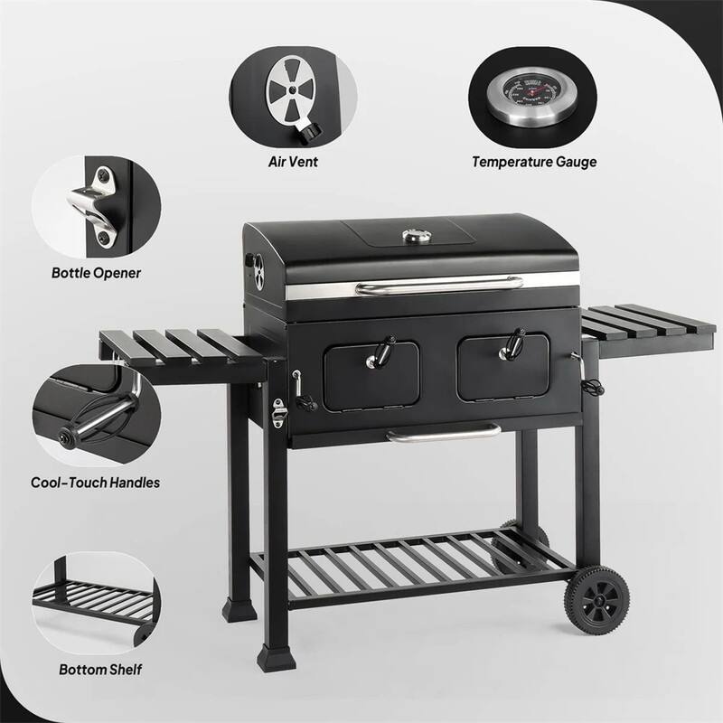 37.4" Charcoal Grill With Two Foldable Side Tables