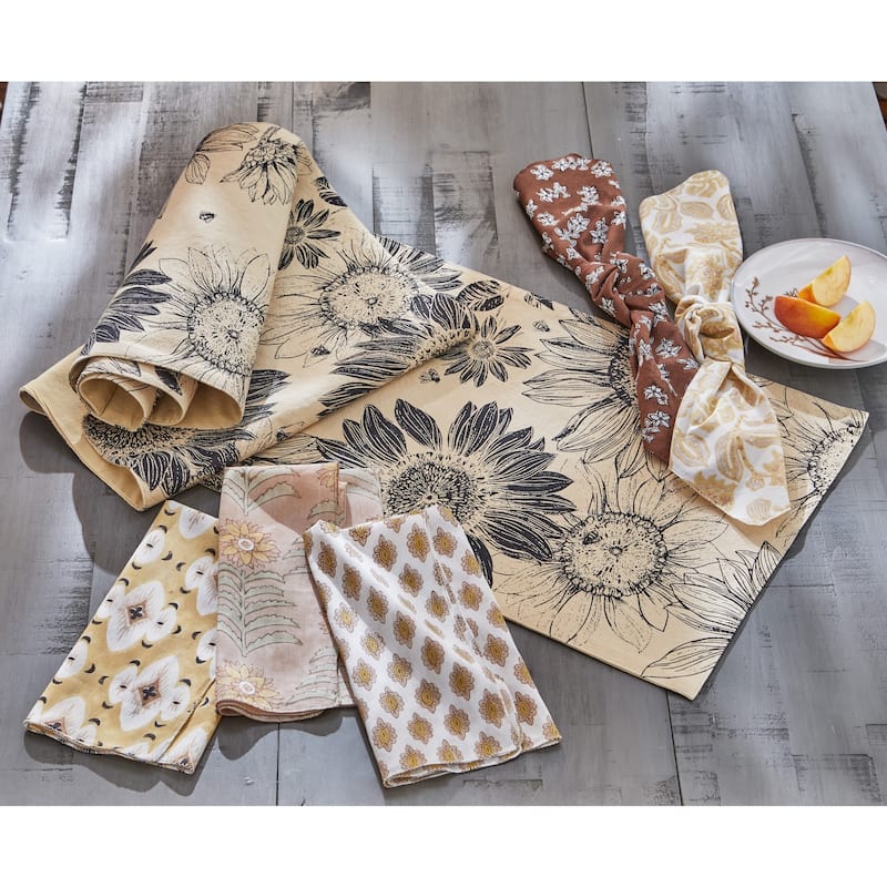 Let It Bee Black Sunflower Print on Beige Background Cotton Machine Washable Table Runner Décor Decoration, 72" x 14"-in.