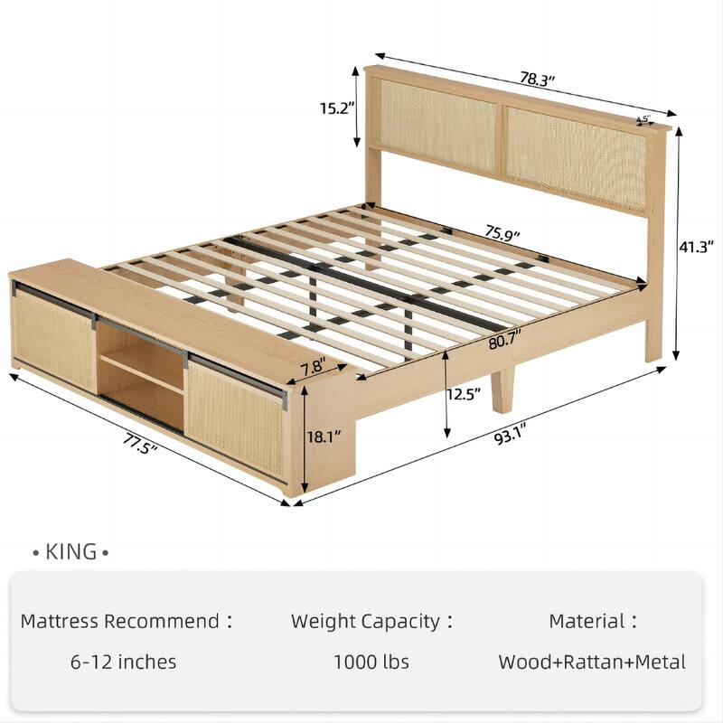 Natural Rattan Full Size Bed Frame with Sliding Barn Door Storage Cabinets