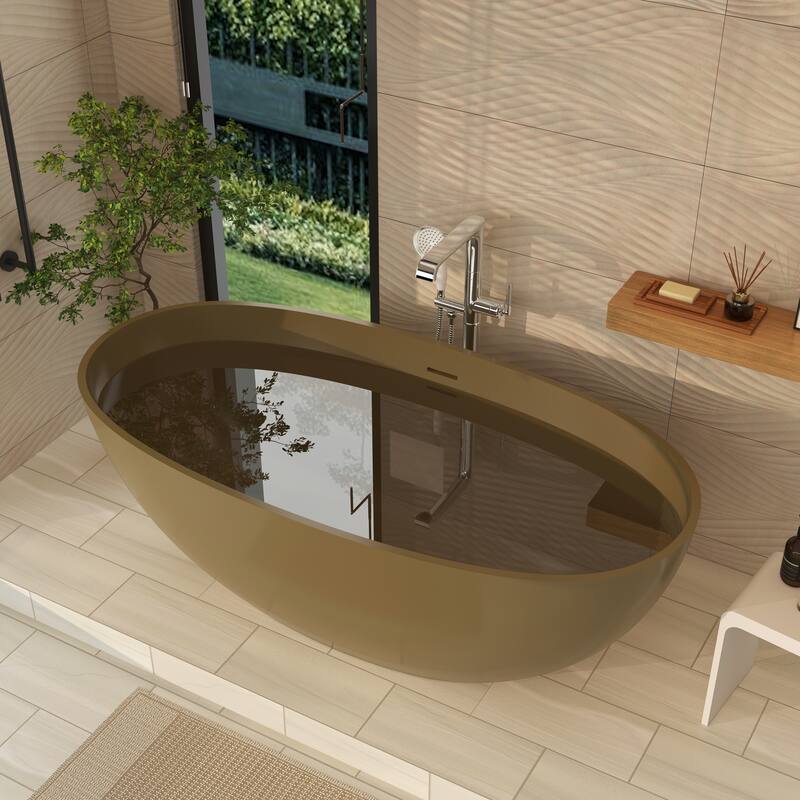 61 in. Freestanding Solid Surface Soaking Bathtub in Camel, Modern Design with Center Drain