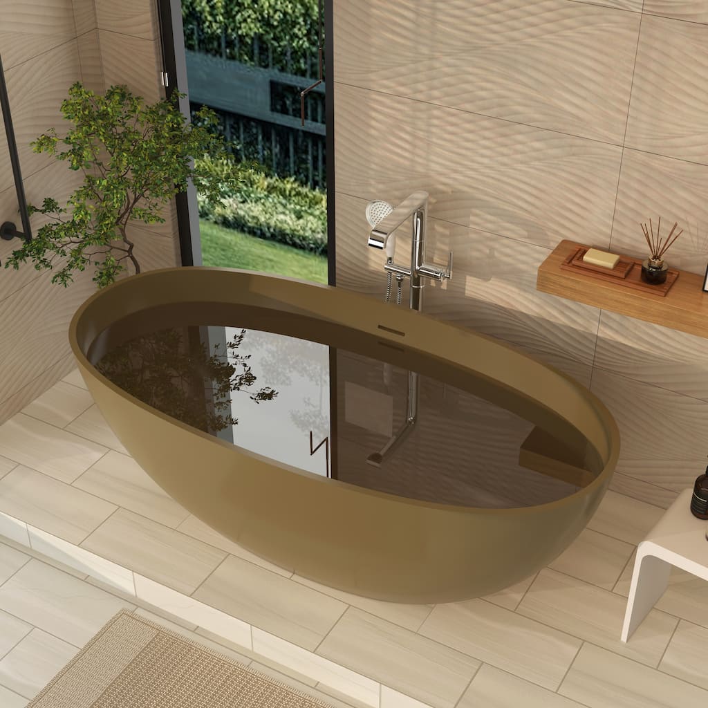 61 in. Freestanding Solid Surface Soaking Bathtub in Camel, Modern Design with Center Drain