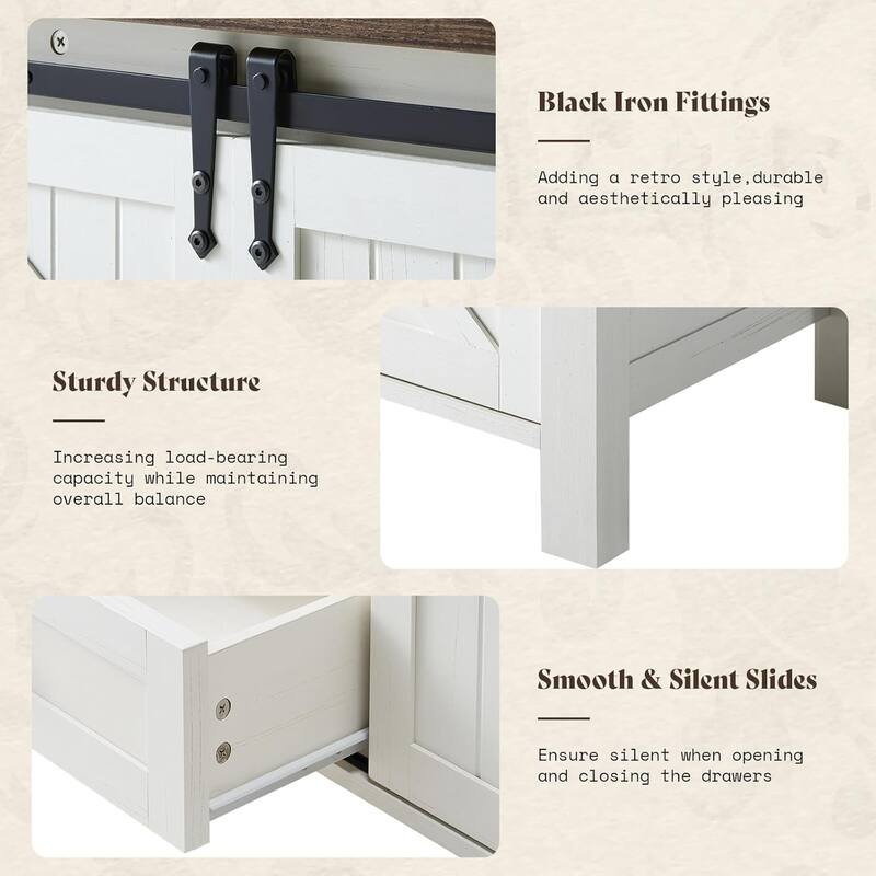 Farmhouse 4 Drawer Dresser for Bedroom, 59" Wood Dressers with Sliding Barn Doors