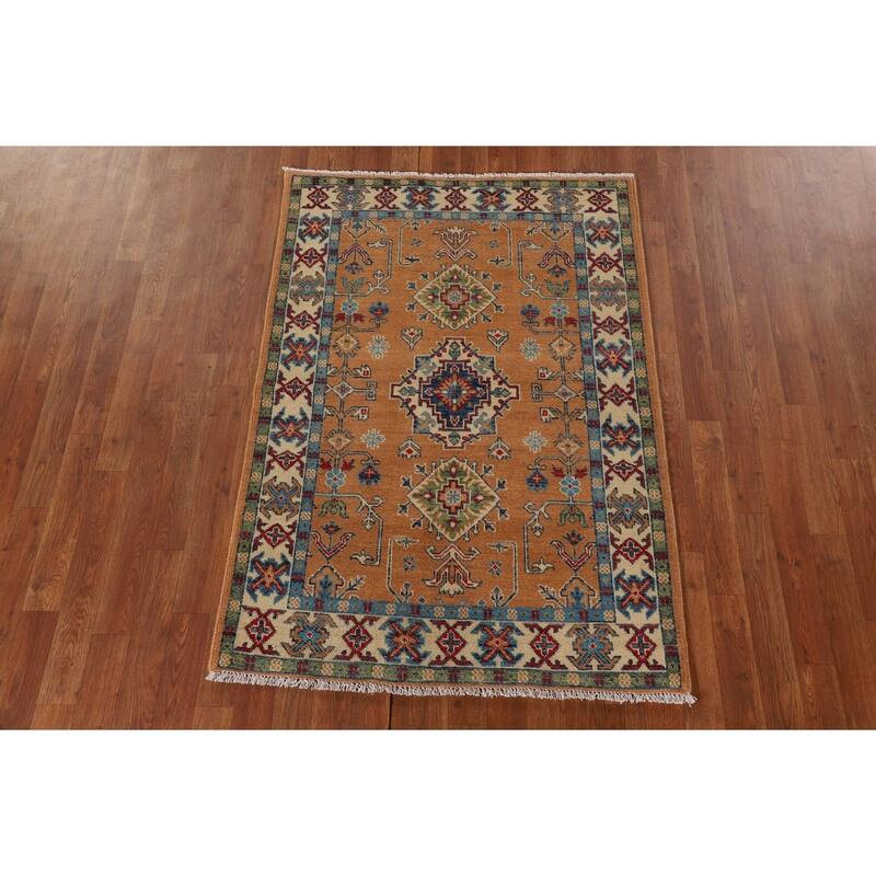 Orange Kazak Rug Hand-Knotted Wool Carpet - 3'5"x 4'10"