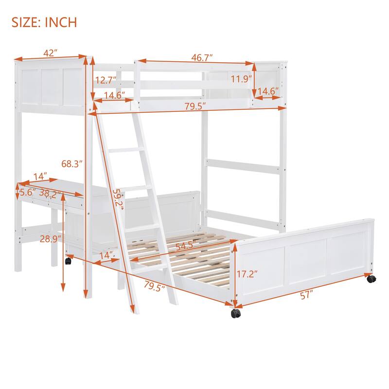 Modern Twin Over Full Bunk Bed with Desk and Storage, Full Over Full Option, Durable Pine Wood Construction