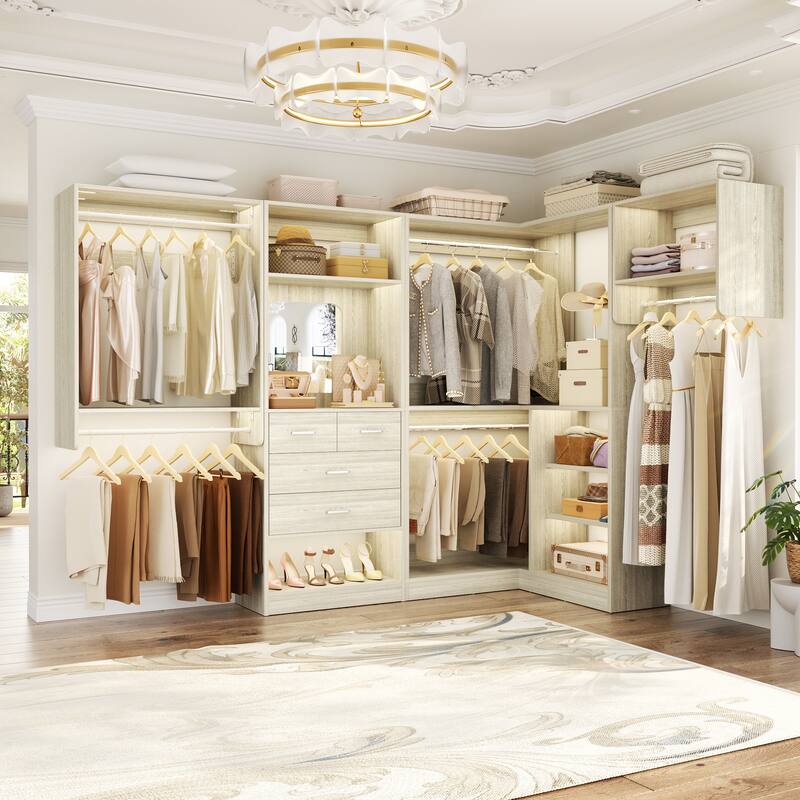 Cimly Set of 4/ 5 Modular Closet System with Drawers and Mirror, Corner Closet Organizer with Hanging Rods and Shelves