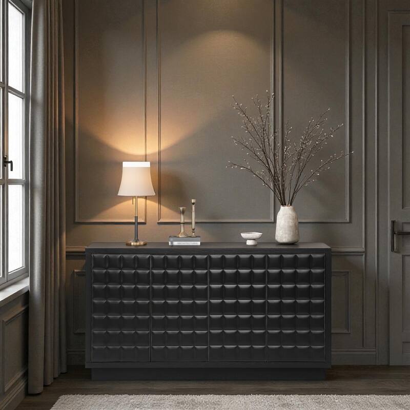 Modern 4-Door Wood Storage Cabinet with 3D Geometric Doors, Metal Trim & Adjustable Shelves for Living Room or Office