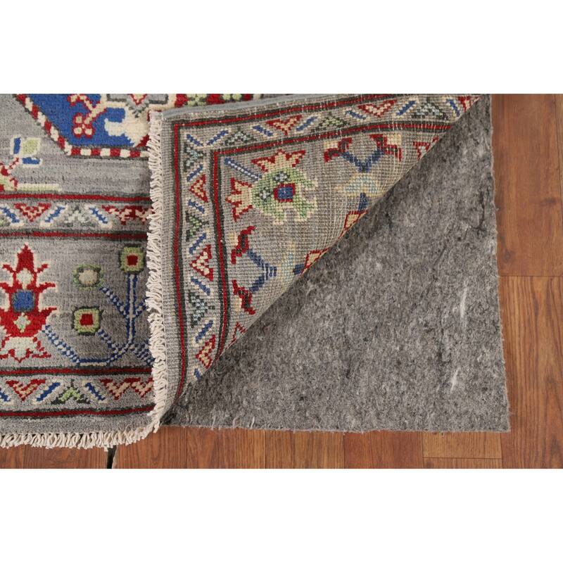 Hand Knotted Oriental 100% Wool Carpet Traditional Geometric Greys & Charcoal Kazak Runner Rug - 13' 3'' X 2' 8''