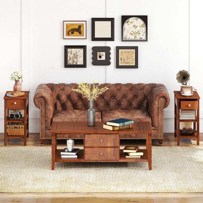 3-Tier Narrow End Table with Drawer and Storage Shelves Set of 2 - 23.5" x 12" x 24.5"