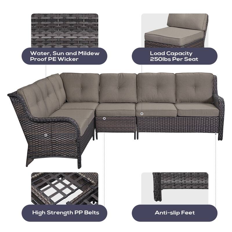 Outdoor Patio Sectional Sofa Couch with Fire Pit Table - Brown