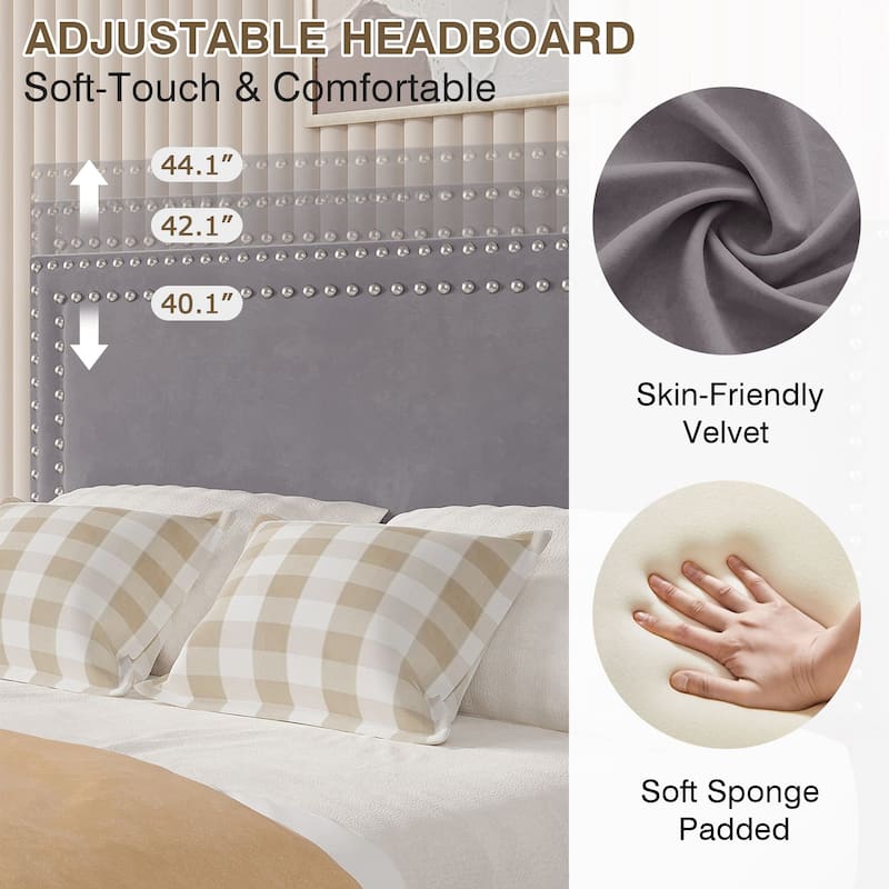 VECELO Upholstered Storage Bed Frames with 4 Storage Drawers Platform Bed Frame with Adjustable Velvet Rivets Headboard