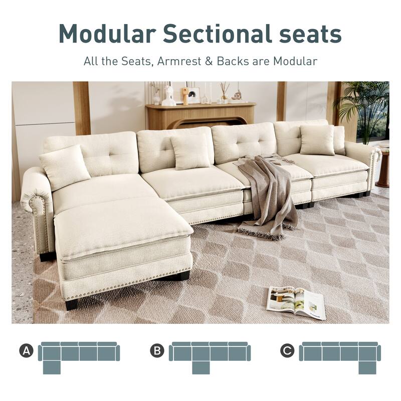 MAISON ARTS Mid-Century Modern Oversized L/U Shaped Cloud Couch with Ottoman, Deep Seat Sectional Sofa with Throw Pillows