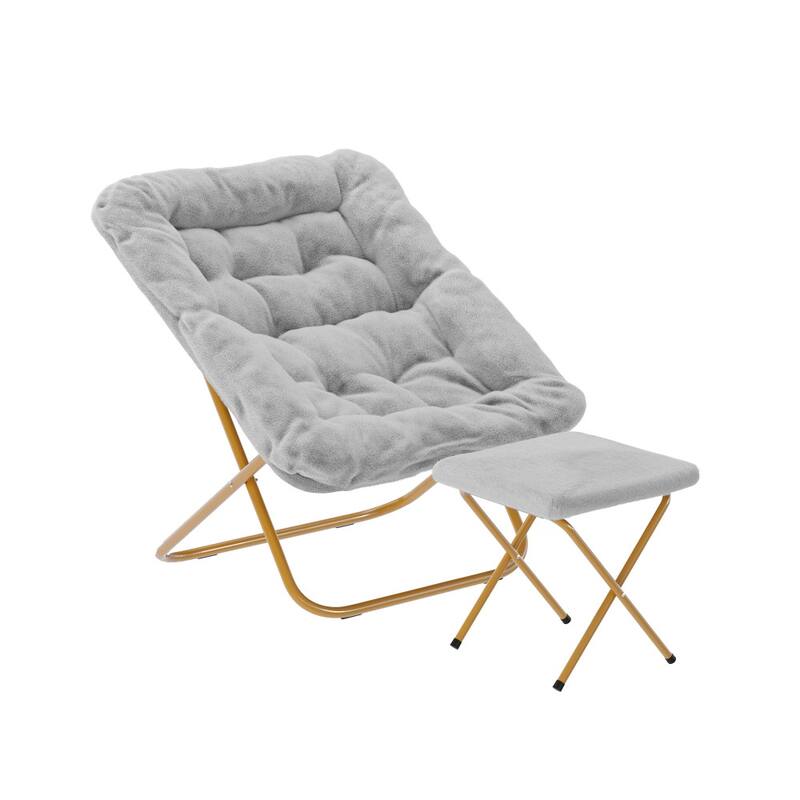 Oversized Folding Upholstered Saucer Chair with Ottoman - Gray Fabric/Soft Gold Frame