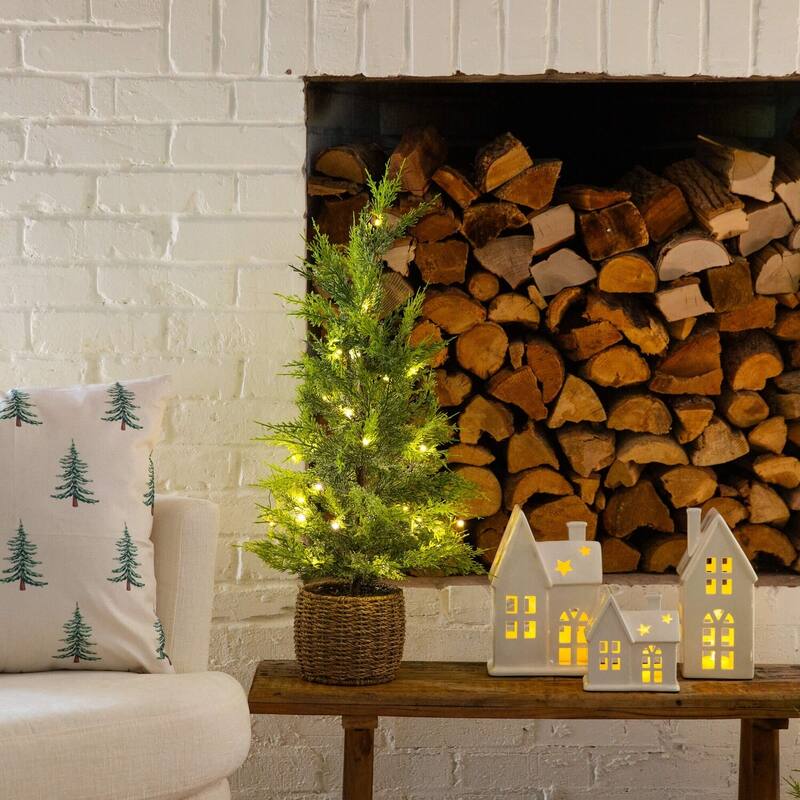 32in. Pre-Lit Lightly Snowed Cypress Artificial Christmas Tree with 30 Warm White LED Lights in Basket - Petite X-Mas Accent