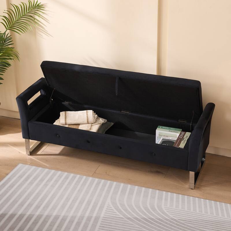 Roomfitters Velvet Storage Bench, Upholstered Entryway and Bedroom Bench with Armrests and Metal Legs