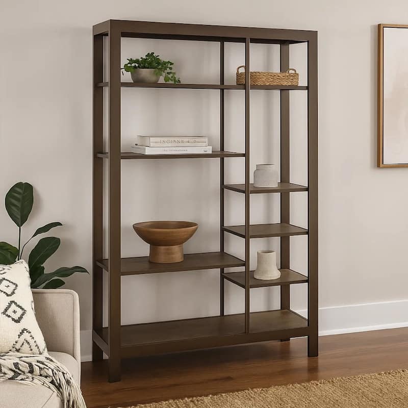 Loe Bookcase, 7 Shelves, Industrial Brown Wood Shelves, Metal 45 Inch