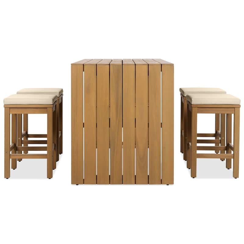 5-Piece Acacia Wood Bar-Height Patio Set with Cushioned Stools