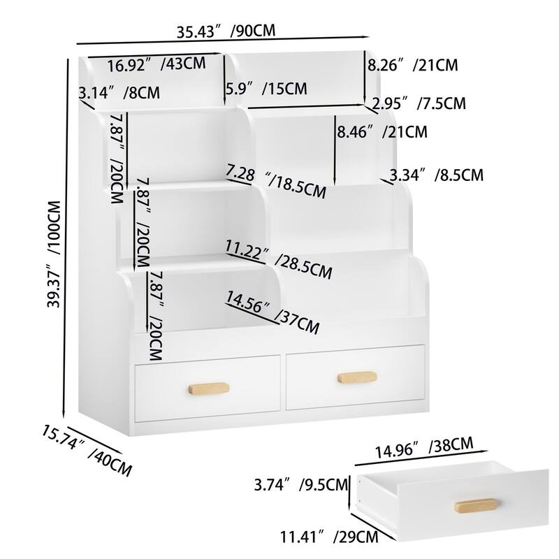 Kids Bookshelf with 2 Storage Drawers, Front-Facing Children's Bookcase and Toy Organizer, Multi-Tier Reading Shelf