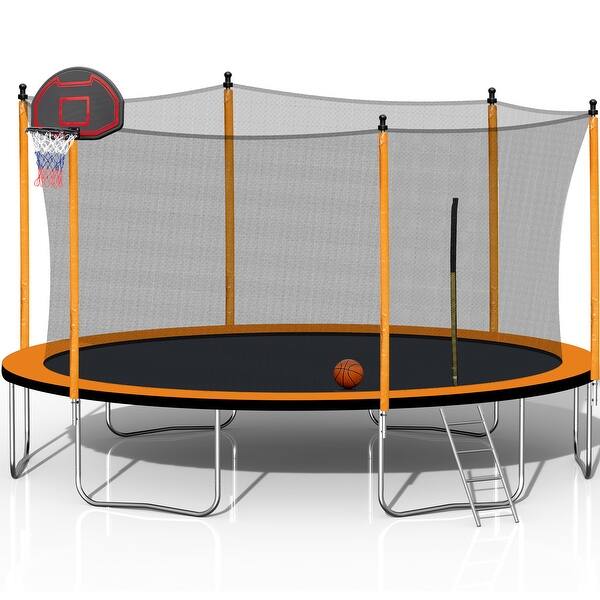 slide 2 of 37, 15FT Trampoline with Basketball Hoop Inflator and Ladder(Inner Safety Enclosure) Kids