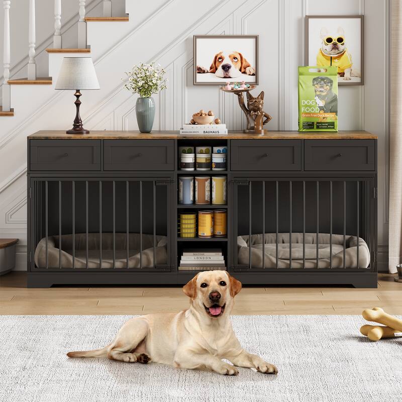 Double Dog Crate Furniture, Large Wooden Dog House with 4 Drawers - Brown/Black