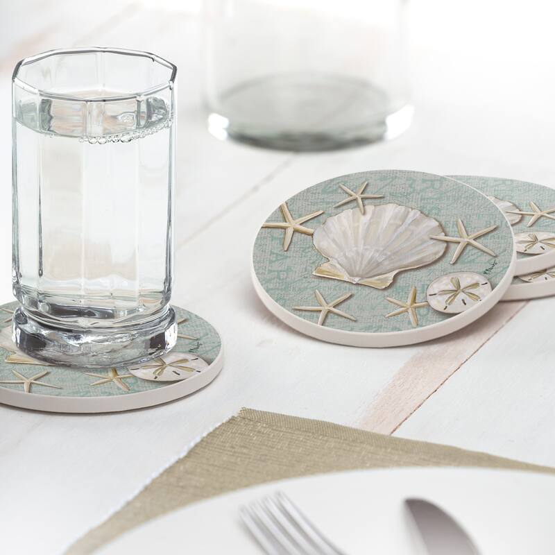 Counterart Absorbent Stone Coasters - Linen Shells Round - Set of 4 - 4x4x1.146
