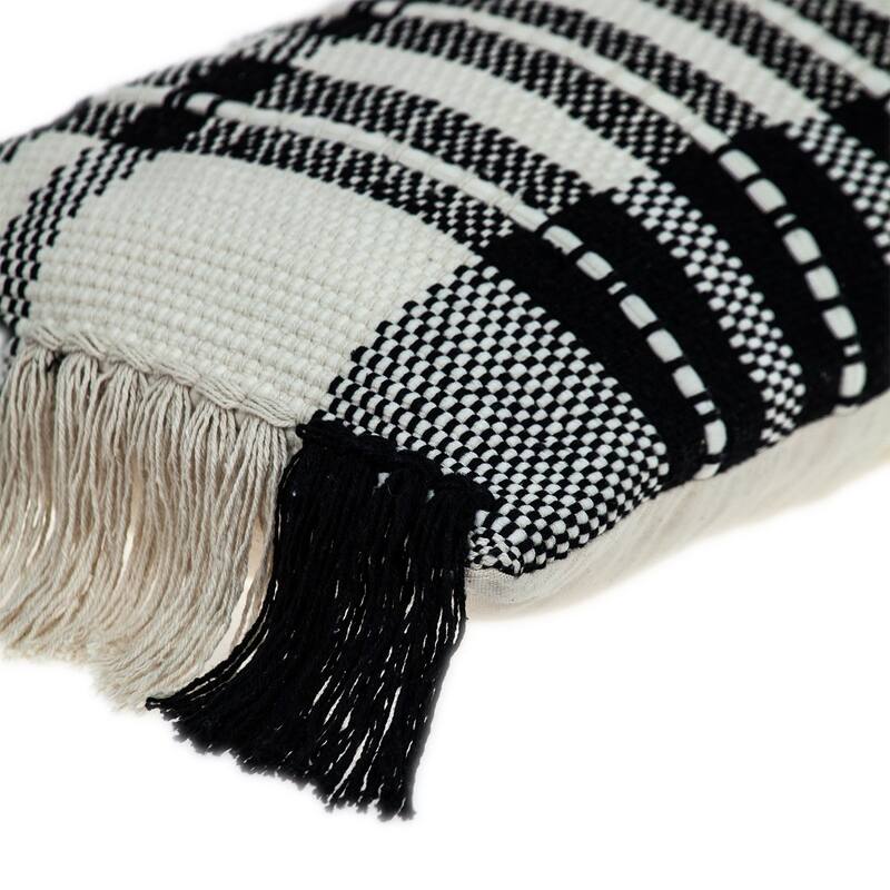 HomeRoots 12" X 35" Black and White Plaid Cotton Lumbar Throw Pillow With Fringe