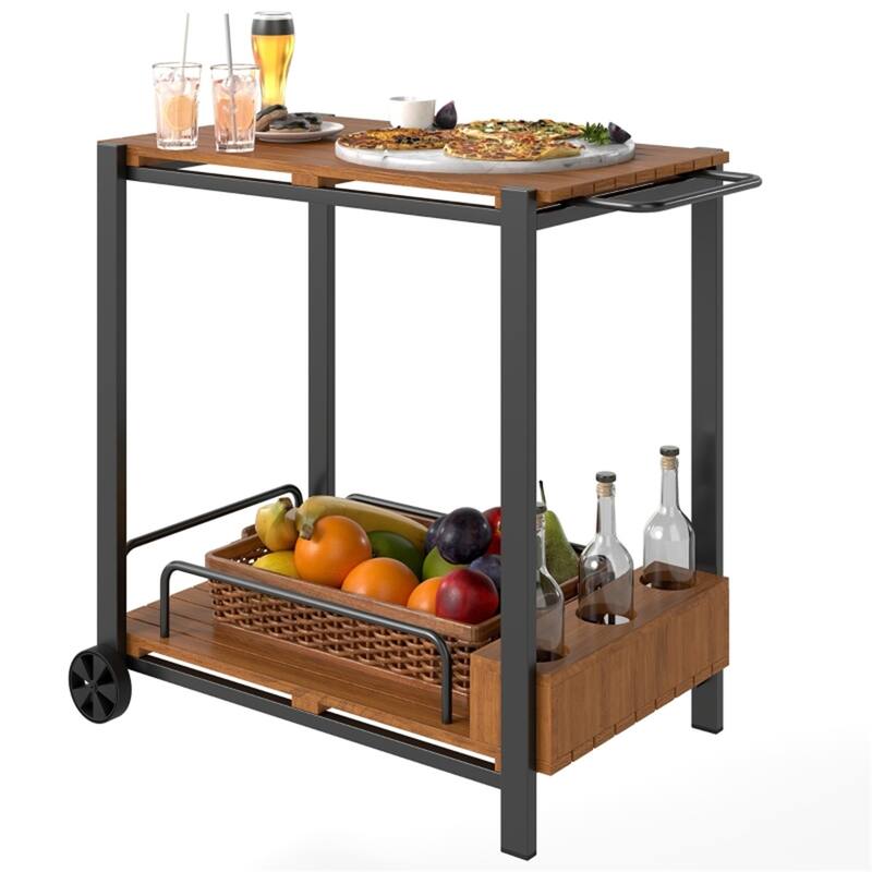 Teak Acacia Wood and Steel Outdoor Bar Cart with Two Tiers, Bottle Holders, Wheels, and Handle Mobile Serving Cart