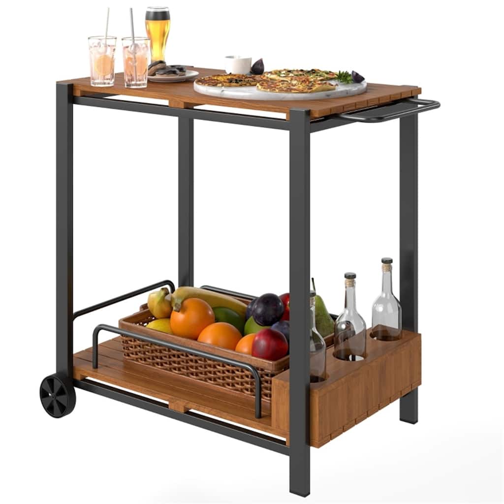 Teak Acacia Wood and Steel Outdoor Bar Cart with Two Tiers, Bottle Holders, Wheels, and Handle Mobile Serving Cart