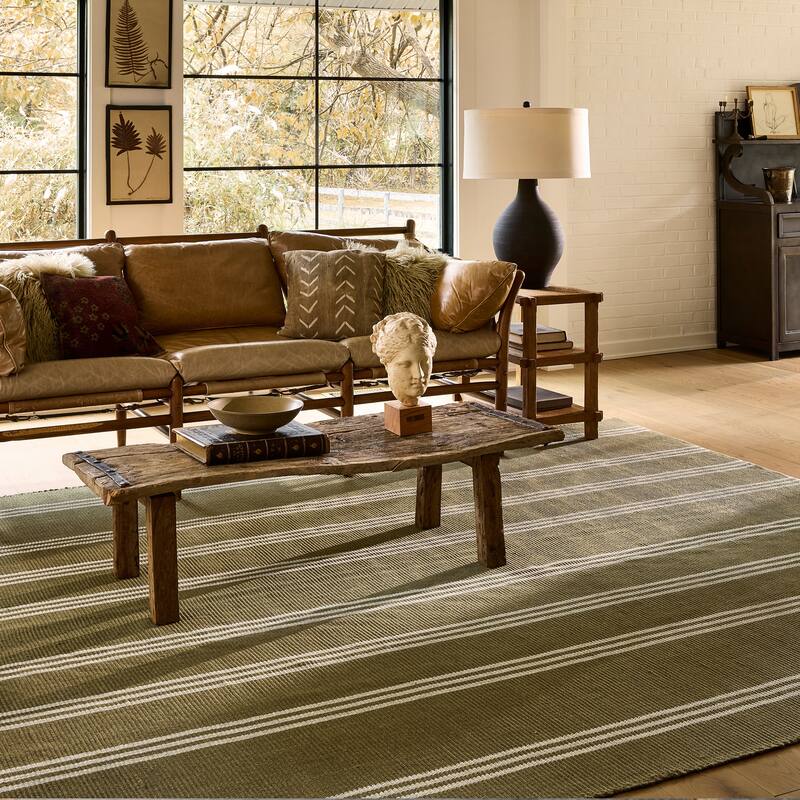 Hawthorn Striped Wool Area Rug - 9'6" x 13'6" - Olive Green
