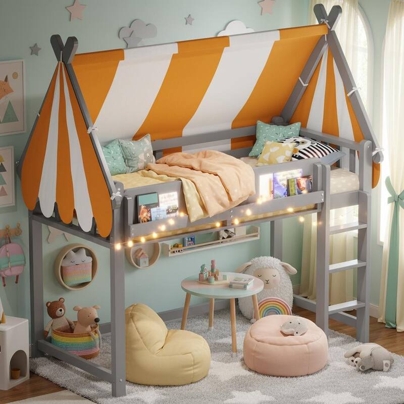 Loft Bed with Canopy, LED Fairy Lights & Front Bookshelf by Harper&Bright Designs - Grey - Twin