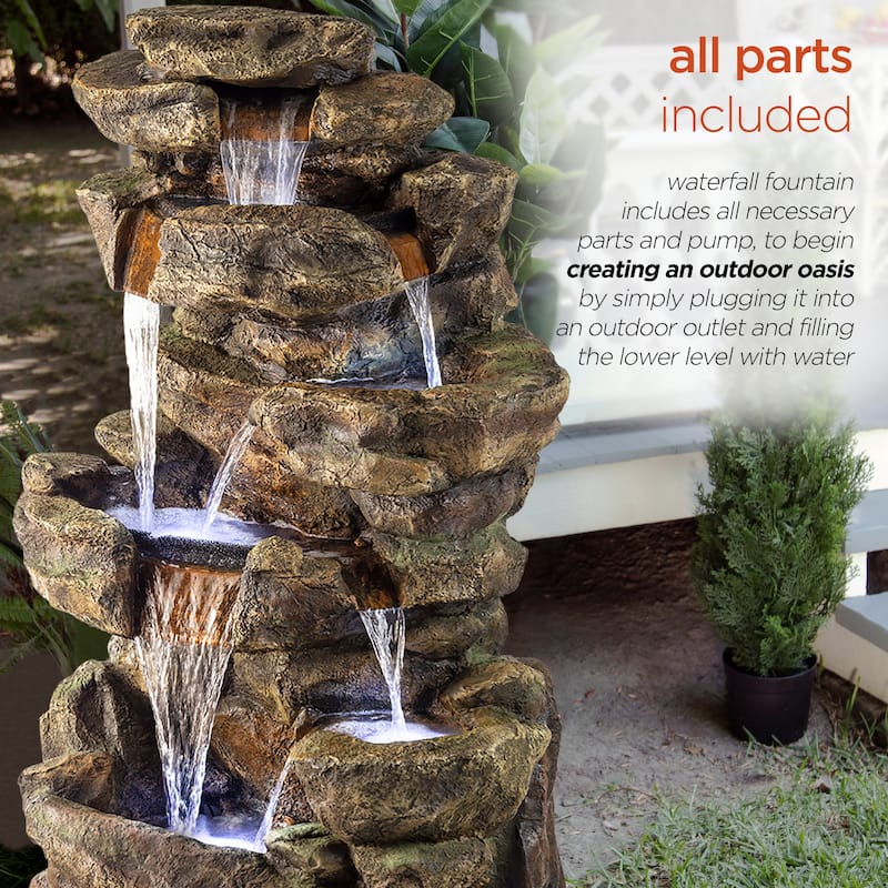 Alpine Corporation 51" Tall Outdoor 6-Tier Amazonian Rainforest Waterfall Fountain with 30 LED Lights