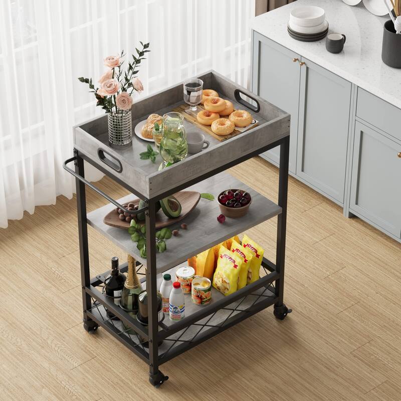 Farmhouse 3 Tier Bar Cart with Wheels and Portable Tray - 23.6"W x 15.7"D x 35.64"H